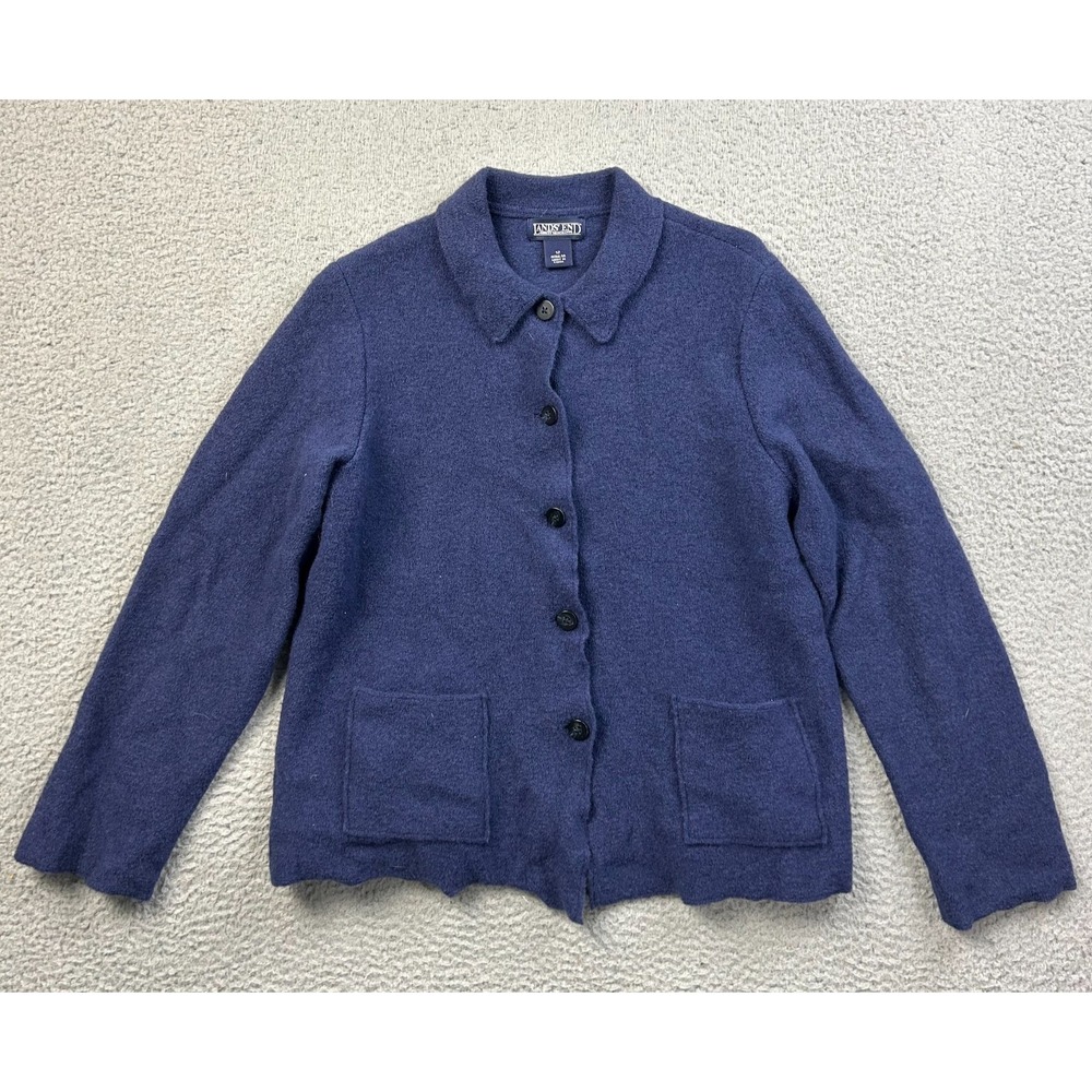 Lands End Womens Blue Boiled Wool Button Shacket Cardigan Jacket 12 Fits Medium